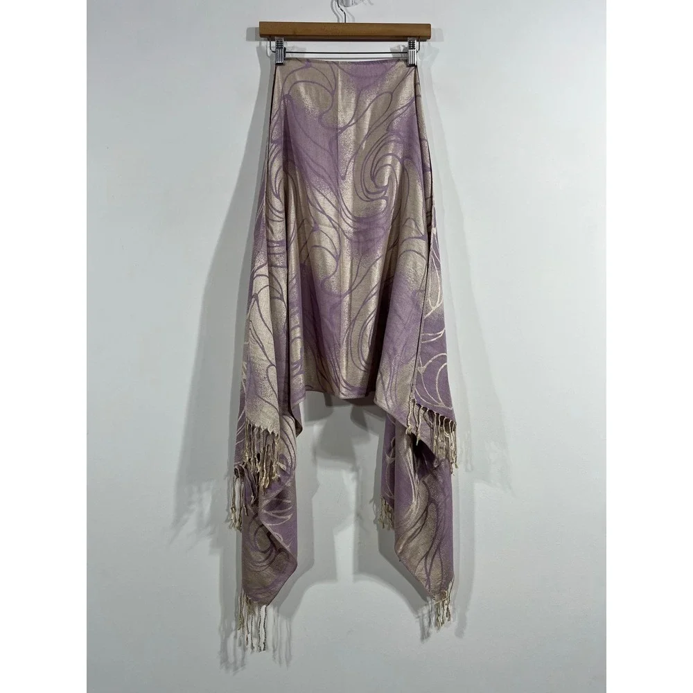 Womens Y2K 100% Cashmere Shawl Lavender Fairy Grunge Gold Jacquard Fringe Scarf